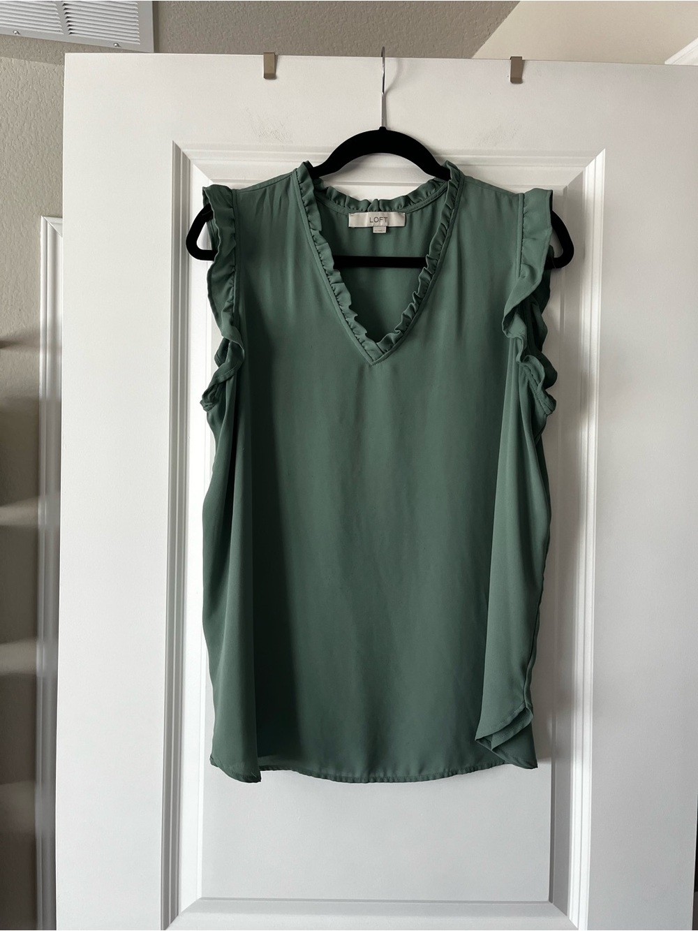 LOFT Ruffle Trim V-Neck Sleeveless Blouse in Sage